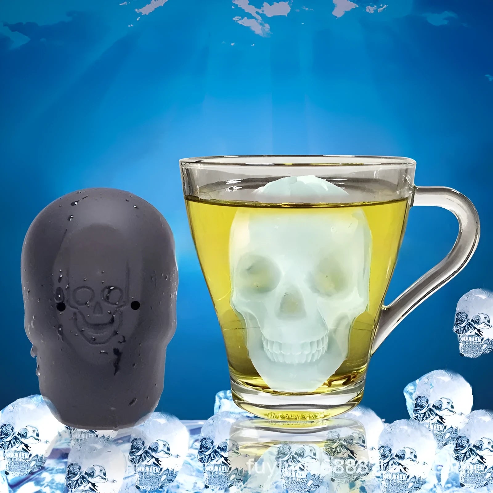 Halloween skull ice maker tray with 3D skull-shaped cavities made from food-grade silicone