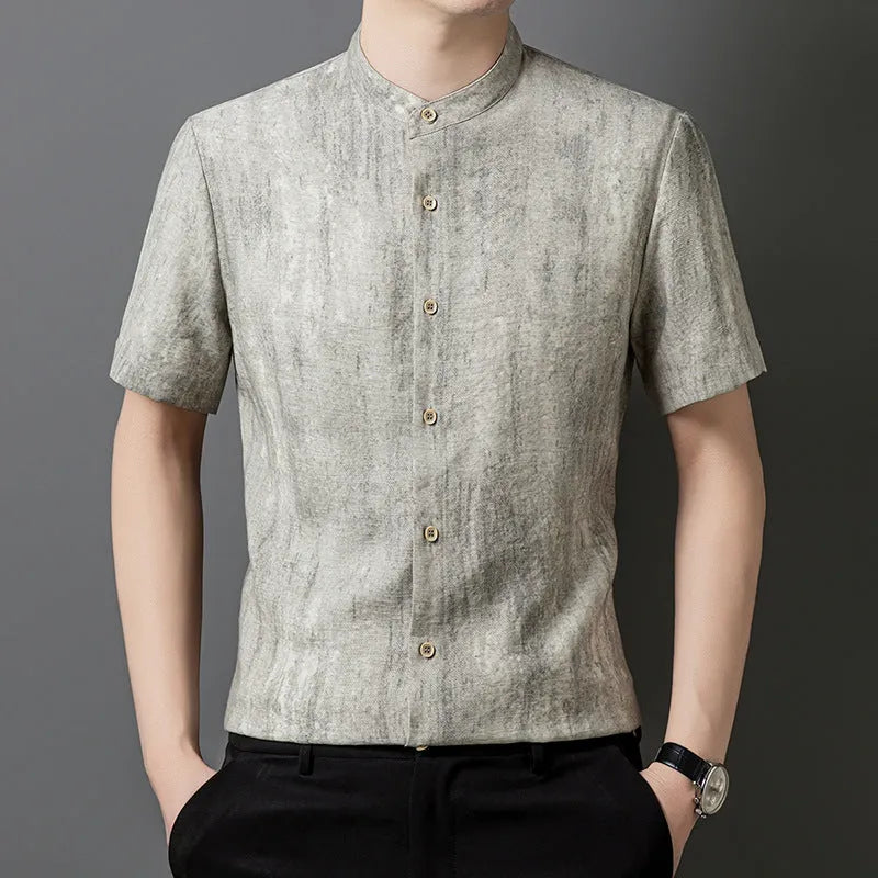 Men's loose-fit linen-look cardigan-style shirt in a viscose blend, shown in black and grey.