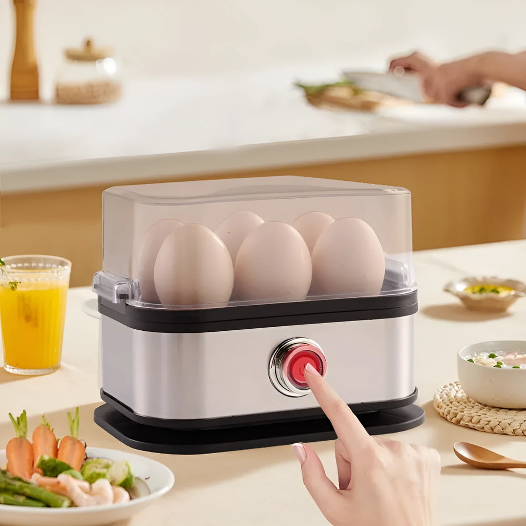 Black portable stainless steel egg boiler with international power adapters for travel use