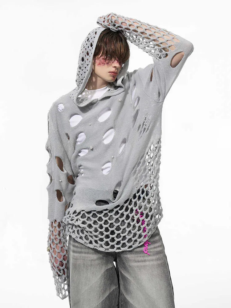 Black men's loose-fit hoodie with pearl decorative detailing on the hood.