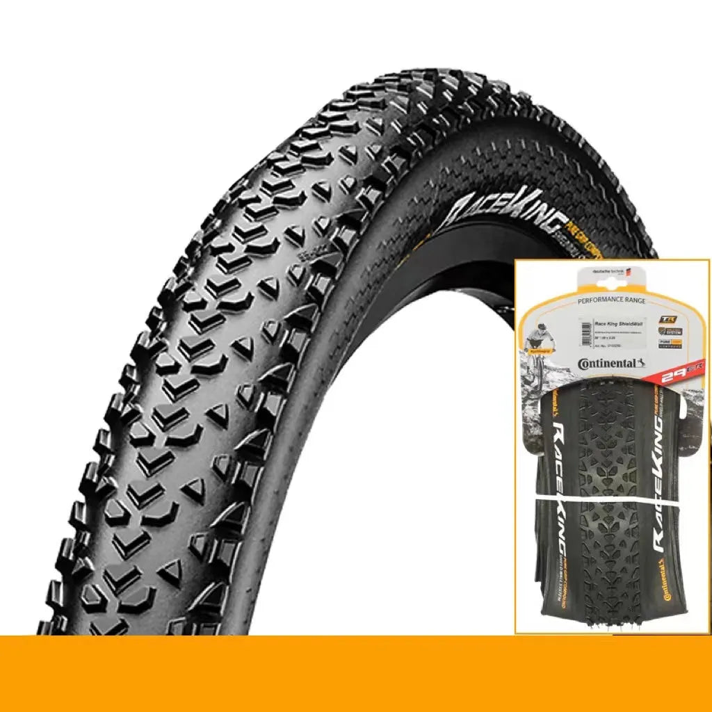 Mountain bike tyre showing tread pattern, available in 26, 27.5 and 29-inch sizes with folding or wire bead.