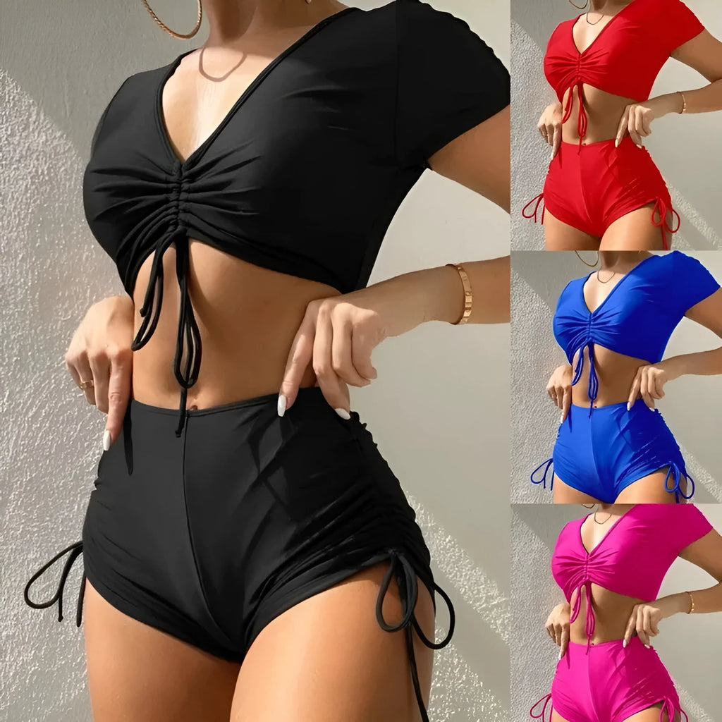 Lady's lace-up bow bikini swimsuit set in black, with separate top and shorts.
