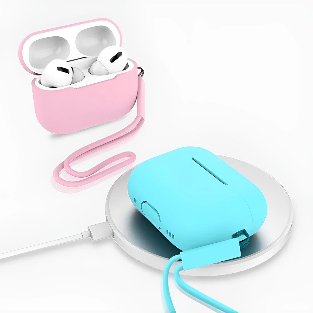 AirPods Pro 2 silicone protective case with lanyard in various solid colours showing precise fit and dimensions