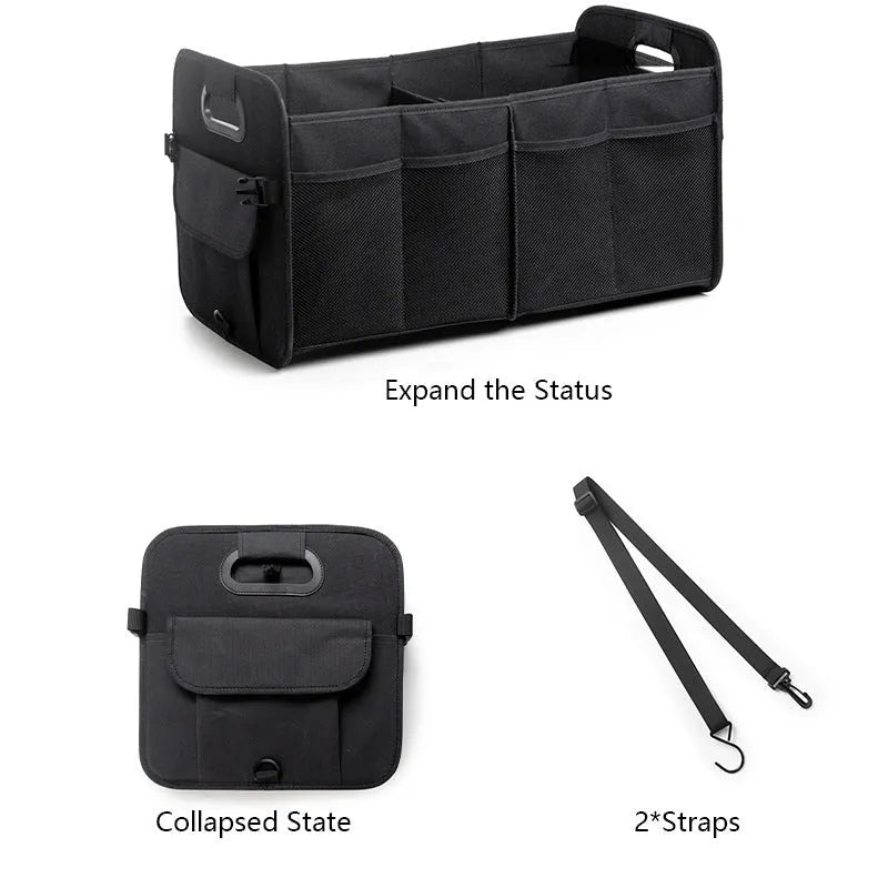 Black foldable fabric car trunk storage box with handles, shown with multiple compartments.