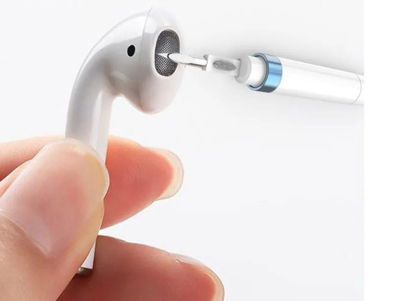 Three-layer electronics cleaning pen with metal nib, sponge and brush for earphones and keyboards