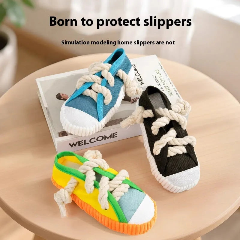 Colour options for a plastic sound slippers dog toy: rock yellow, black, and sea fog blue.