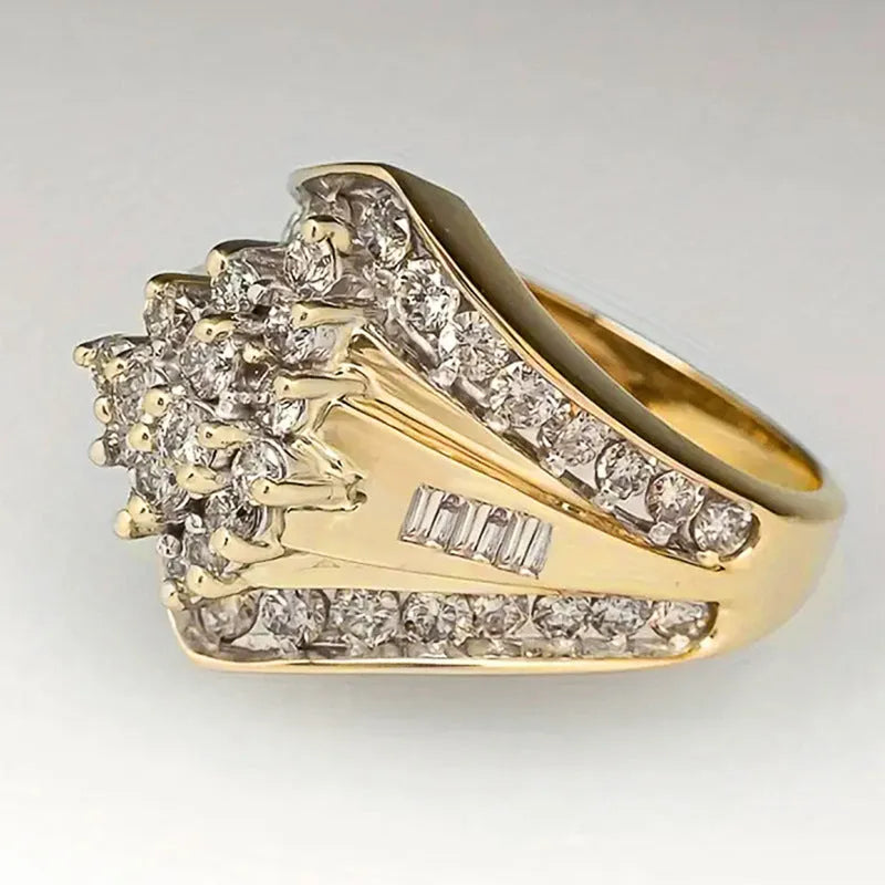 Gold geometric copper fashion ring showcasing heavy industry palace style on a neutral background