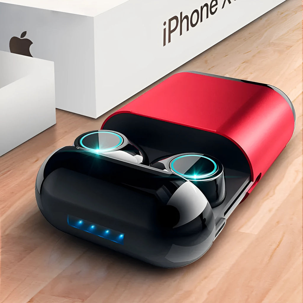 A pair of TWS wireless Bluetooth earphones in black, shown with a smartphone indicating a call function.