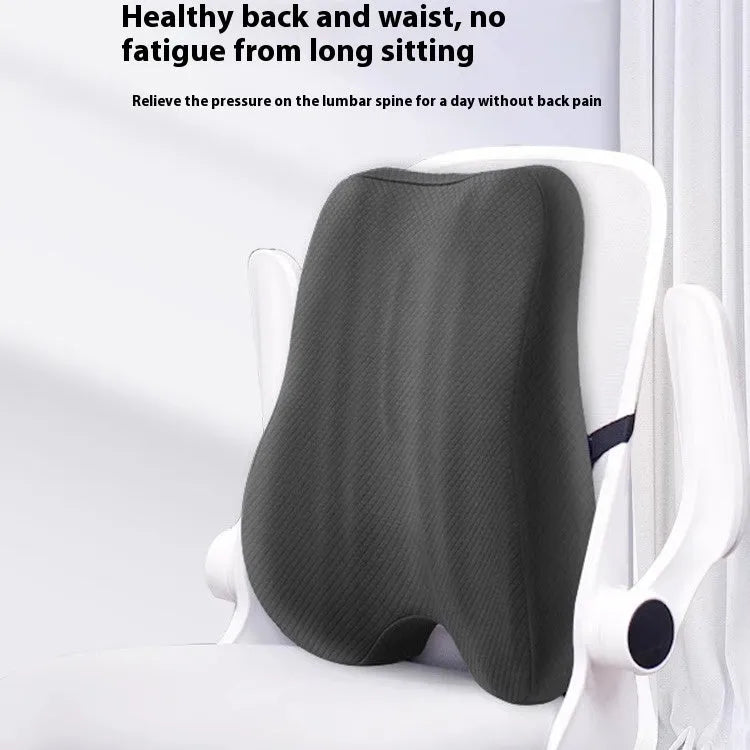 Grey office lumbar support cushion on chair with 40x40x8cm dimensions