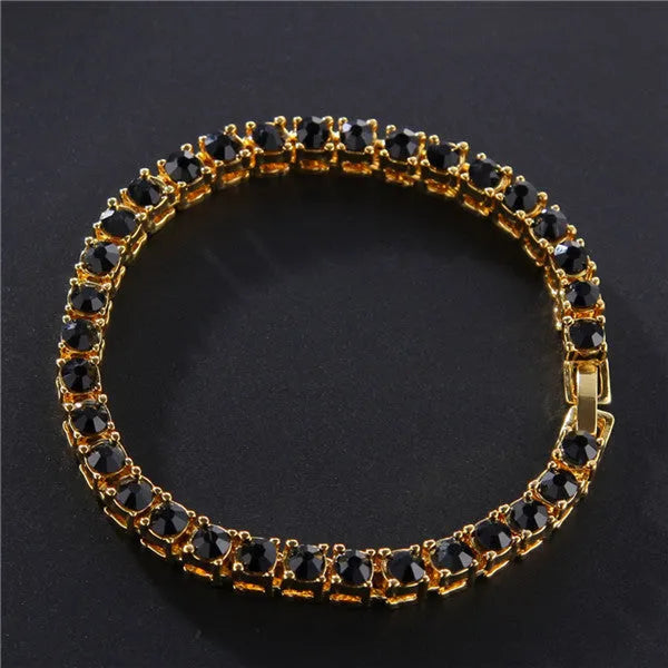 Men's geometric tennis bracelet with single row of zirconia stones on alloy chain in multiple colours