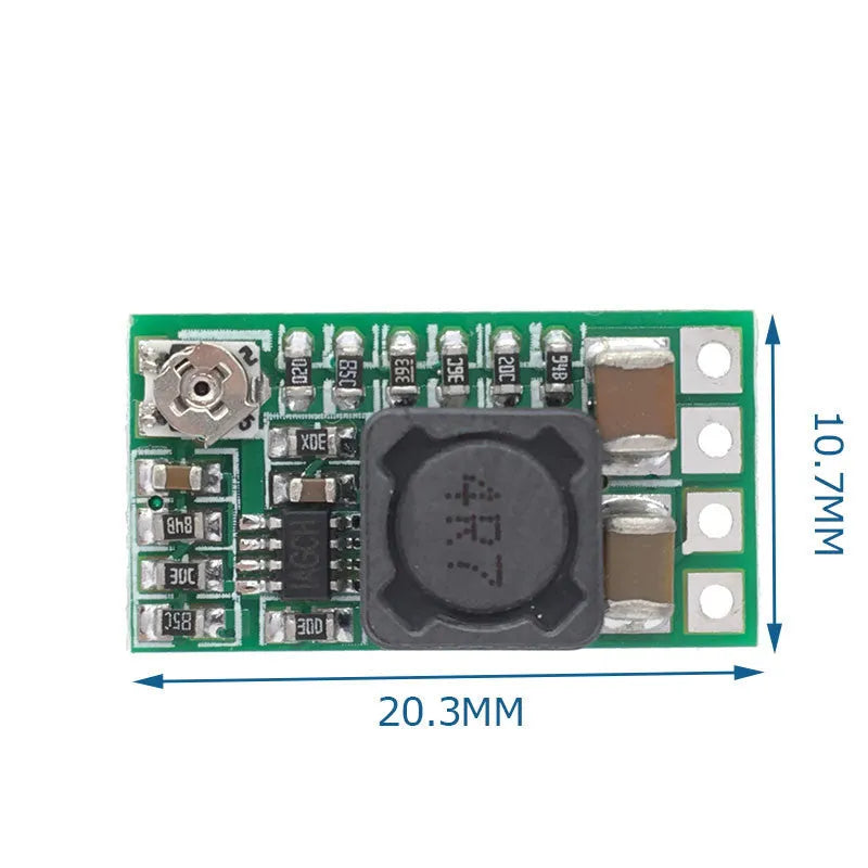 Green circuit board DC-DC power module converting 12-24V to 5V with 3A output capacity
