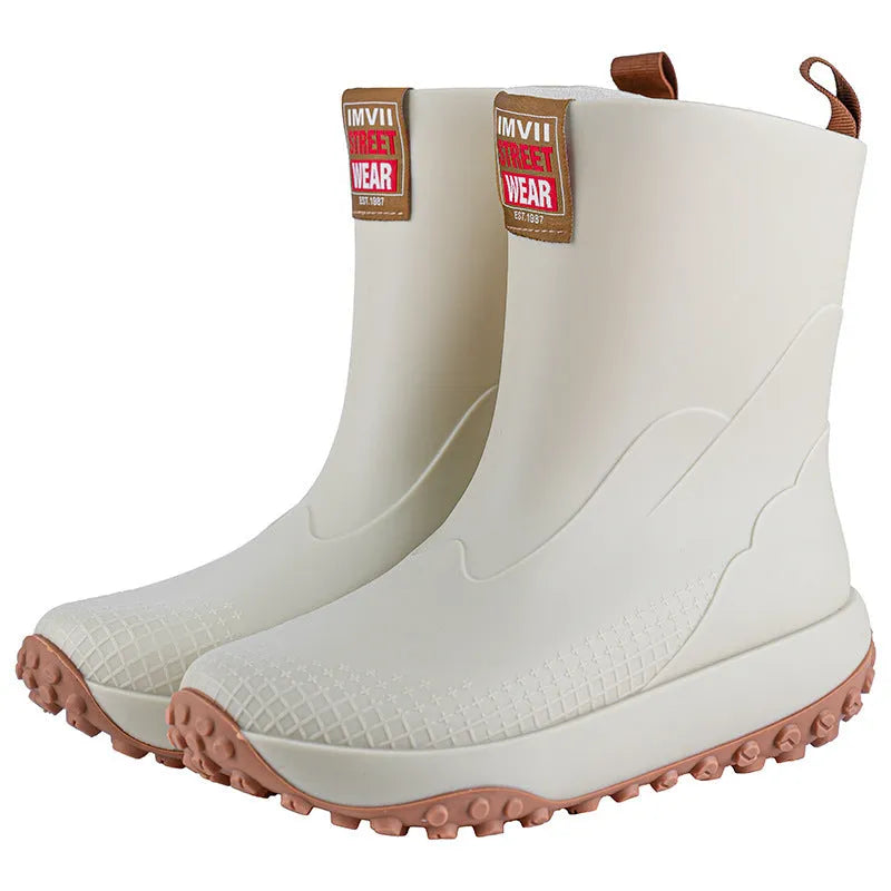 Men's PVC rain boots in black red colour with round toe and non-slip sole