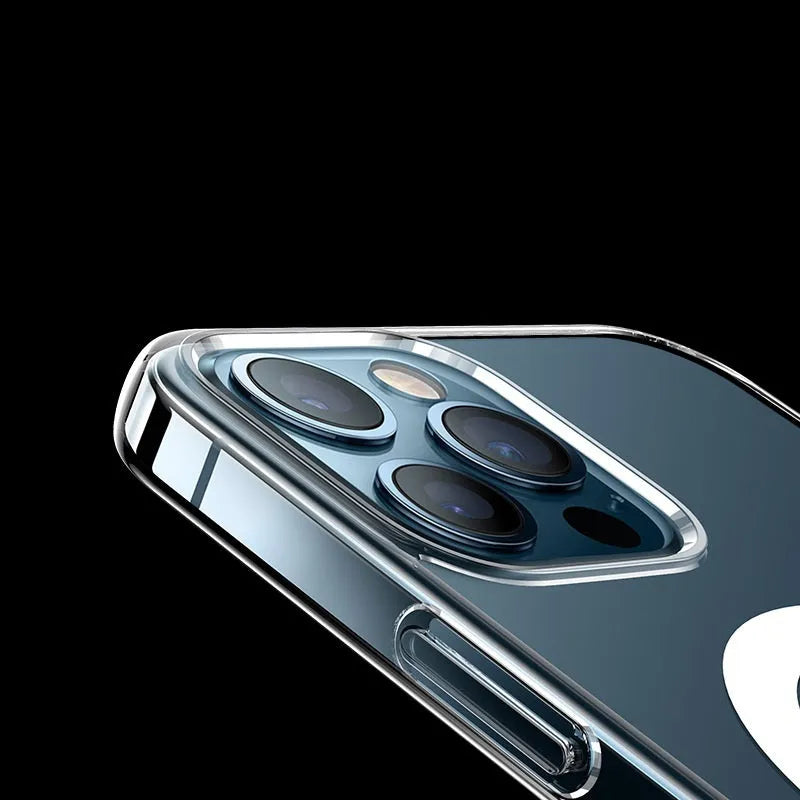 Transparent magnetic back cover case for iPhone on a flat surface.