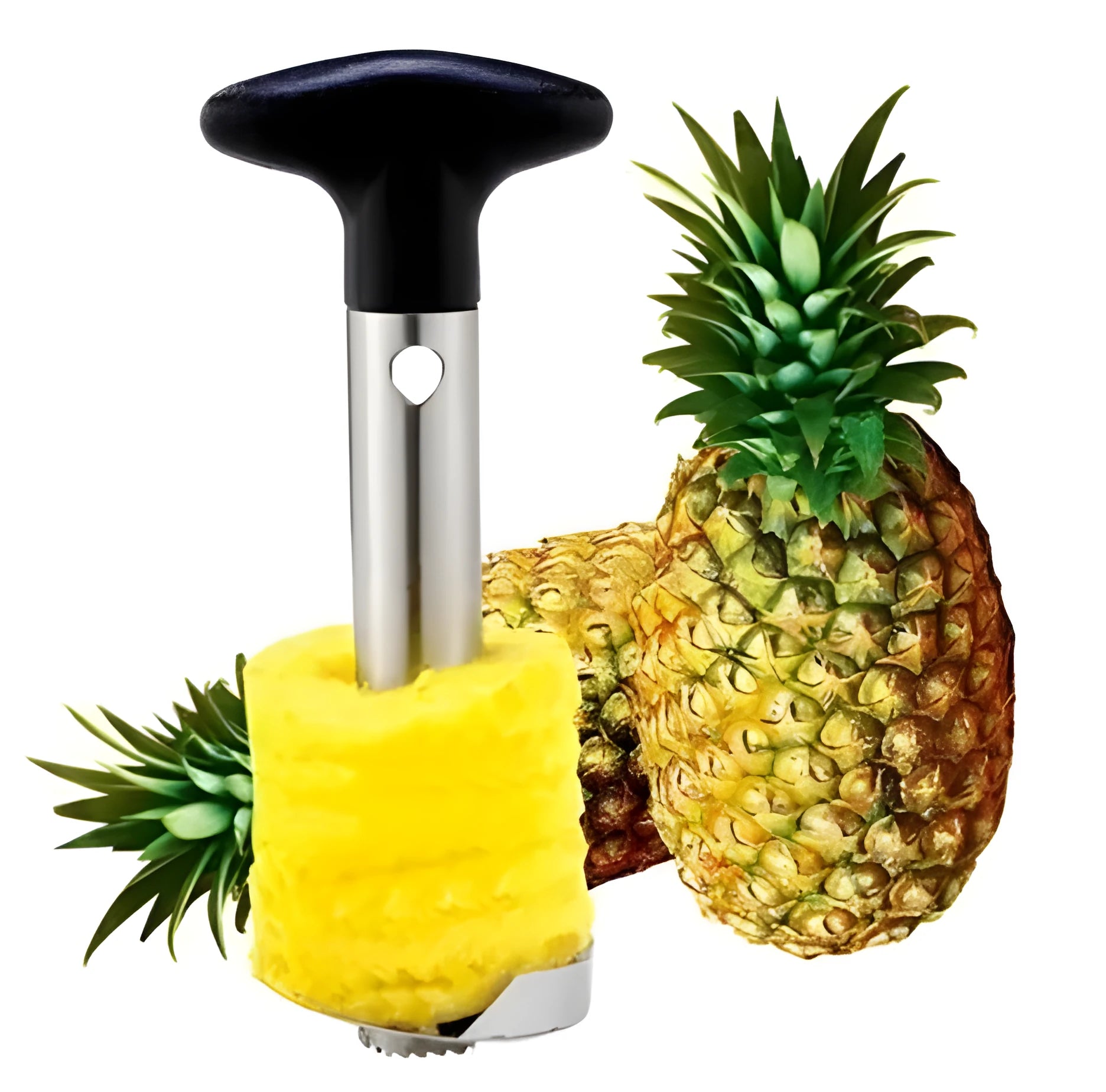 Stainless steel pineapple corer slicer with coloured plastic handle on a kitchen worktop.