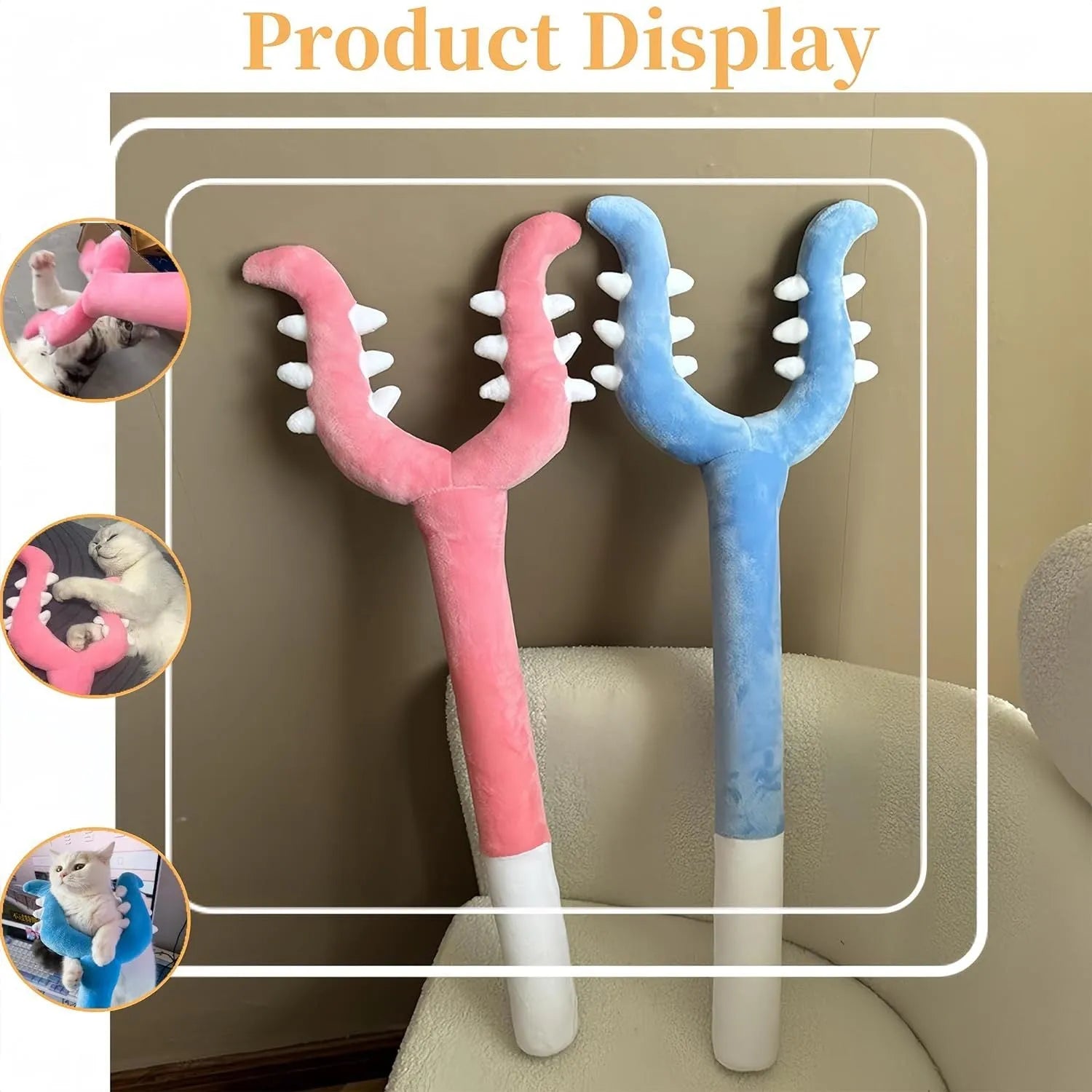 70cm long blue plush cat wand toy with soft tip for interactive play with indoor cats