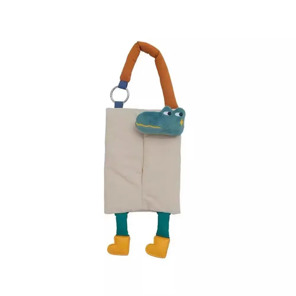 Plush hanging car tissue bag in baby crocodile colour measuring 25x19cm