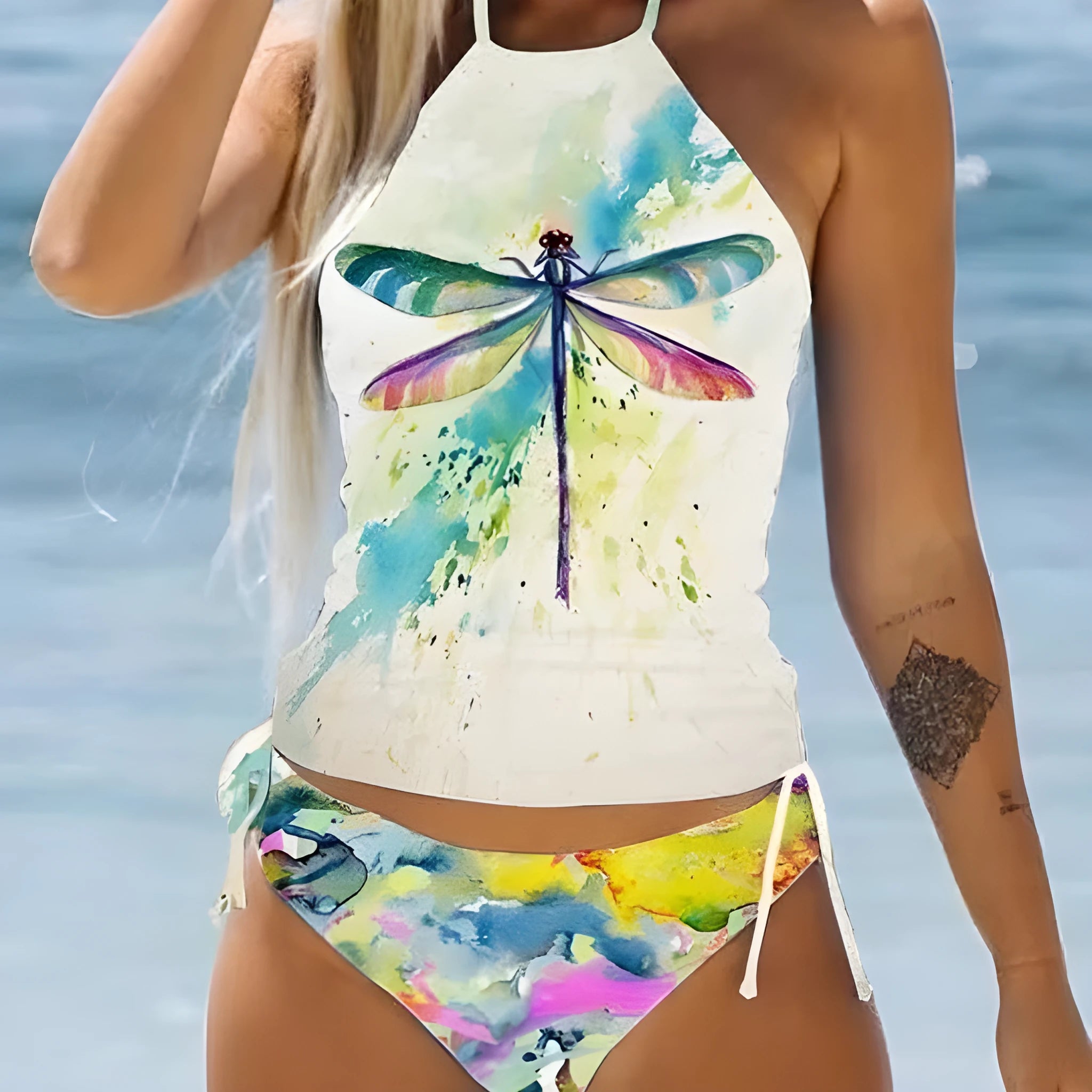 Colourful printed conservative style ladies swimsuit briefs with shorts lining on hanger