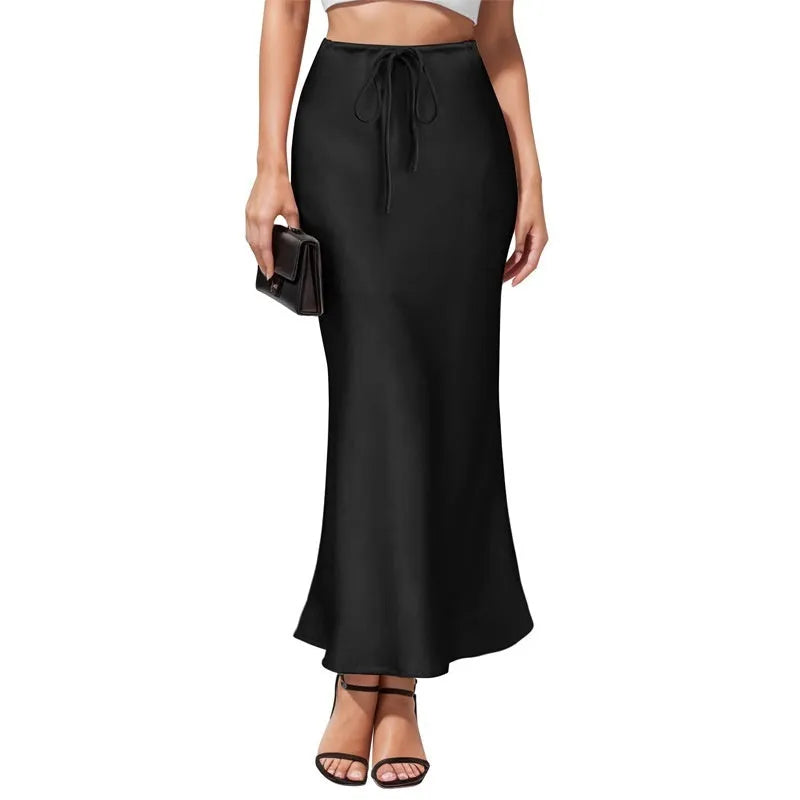 Asymmetric high-waist acetate satin skirt with irregular stitching in milky white