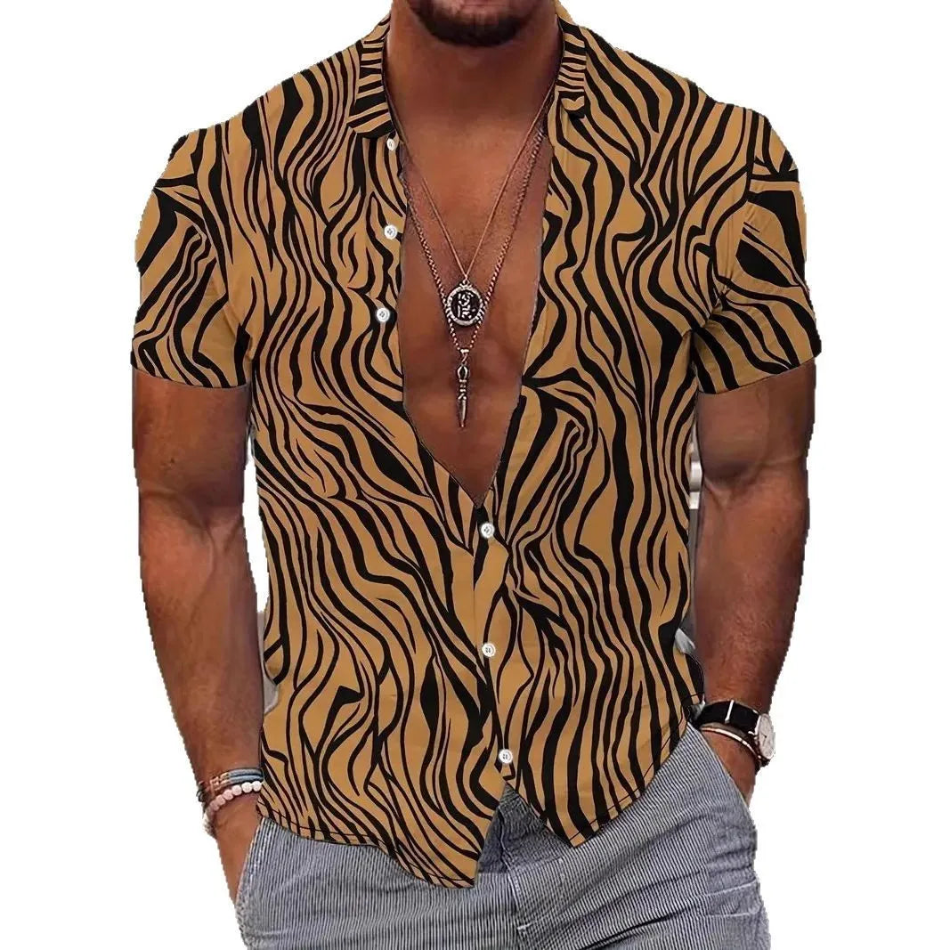 Men's geometric line print short sleeve shirt with lapel neckline in slim fit