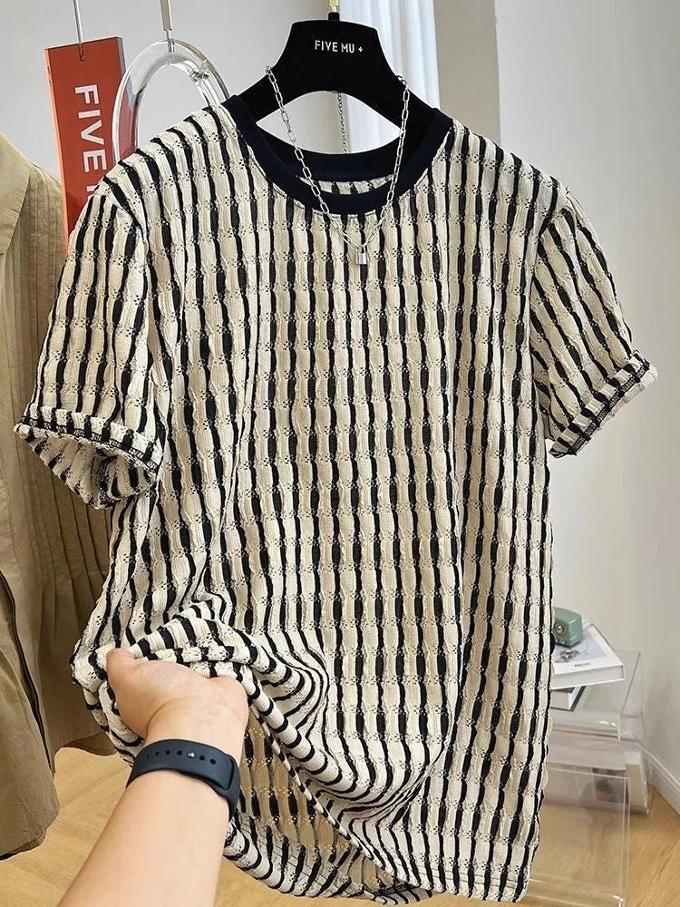 Black striped men's casual short sleeve top in silk and linen blend fabric