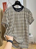 Black striped men's casual short sleeve top in silk and linen blend fabric