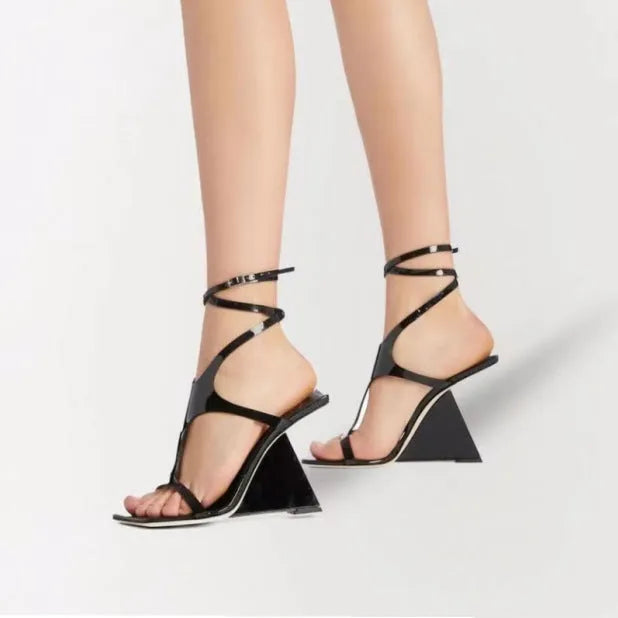 Women's black strappy high heel sandals with a square toe and 9.5cm block heel.