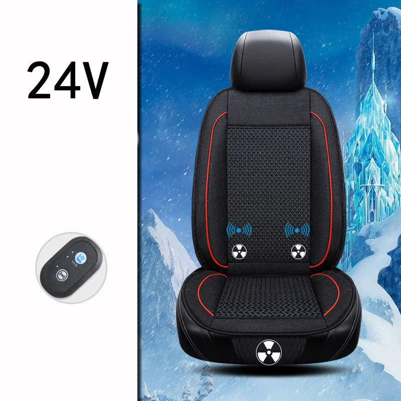 Black car ventilation seat cushion showing minimalist design and power cord
