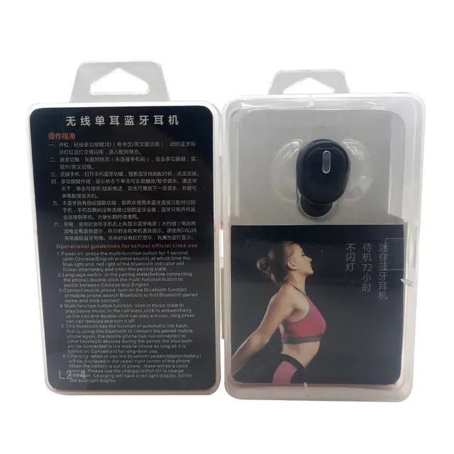 X9 mini single ear Bluetooth headset in black or white metal finish shown as an earplug-style wireless device.