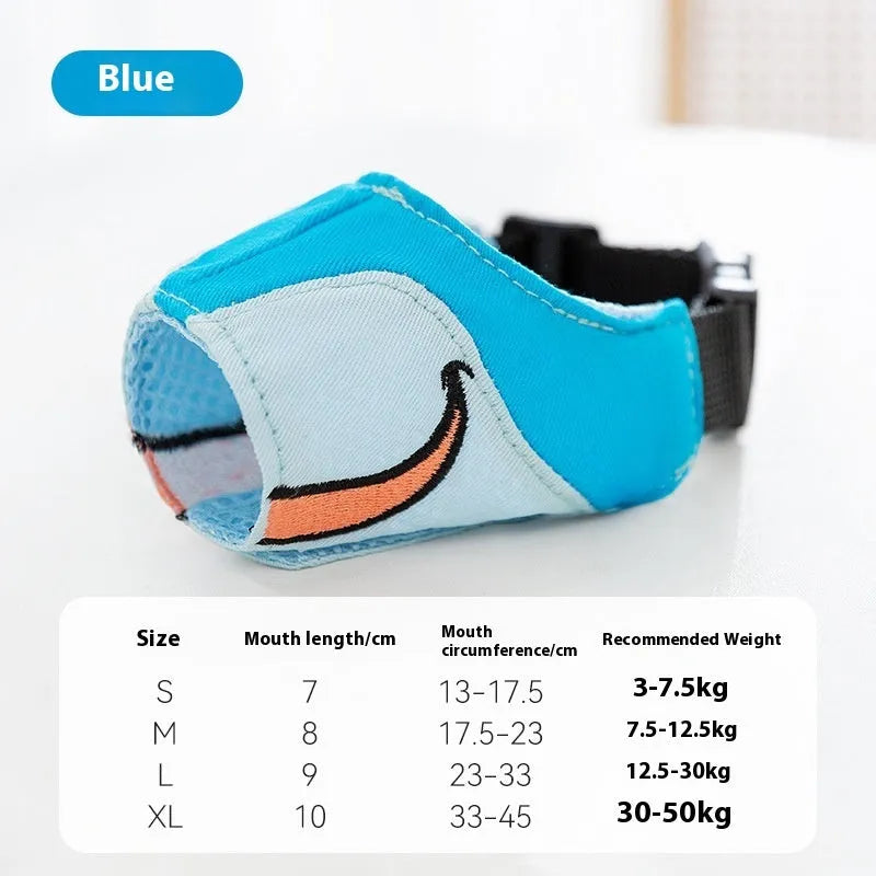 Canvas dog muzzle mouth cover in Ollie Brown Bear colour on a size chart for dogs.