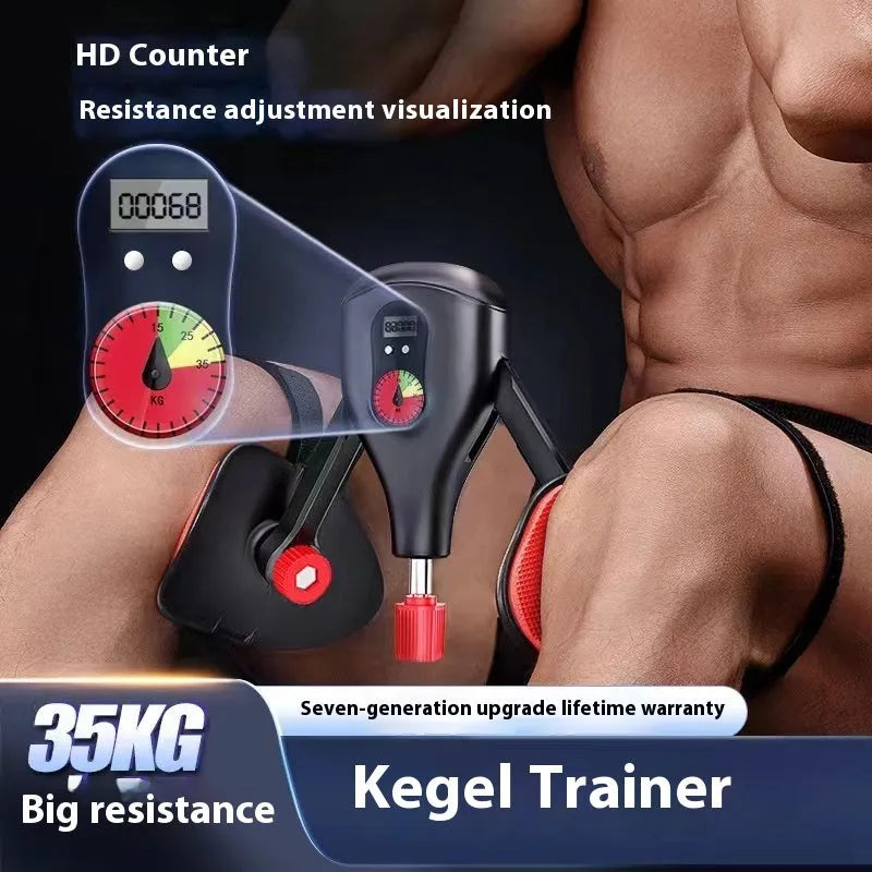 Men's black and grey Kegel trainer for PC muscle exercise with optional straps and handle.