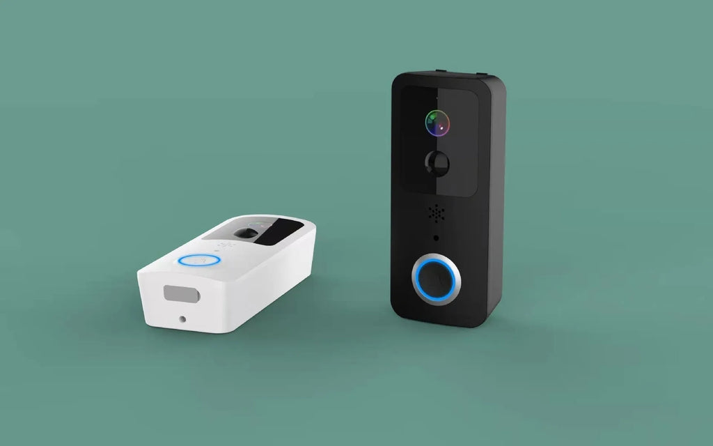 Black or white waterproof smart visual doorbell unit for outdoor security.