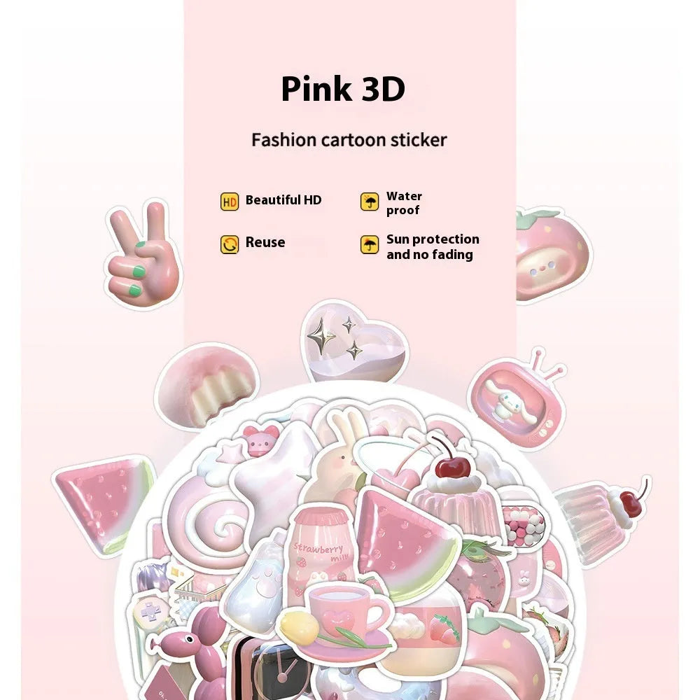 Pack of 63 pink 3D heart decorative stickers with cute style and adhesive backing.