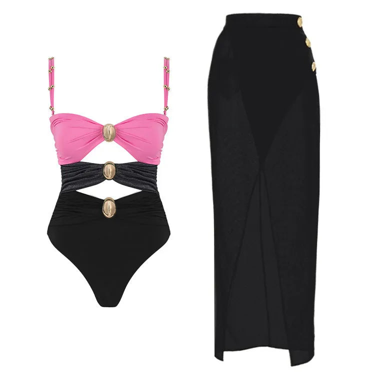 Women's solid-colour one-piece swimsuit with removable skirt and gold button detail in nylon fabric