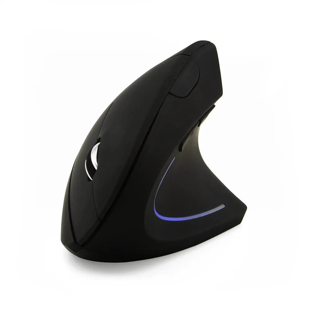Wired black optical mouse with ergonomic handheld shape, six buttons, four-way scroll wheel, and USB cable on a desk