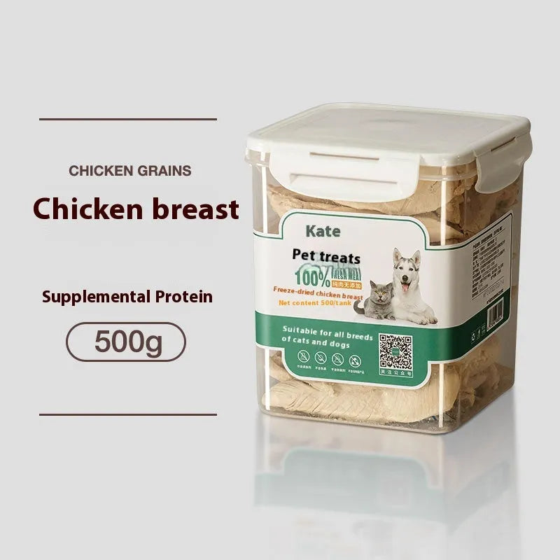 500g bag or barrel of chicken freeze-dried cat snacks showing high grade nuggets without shreds