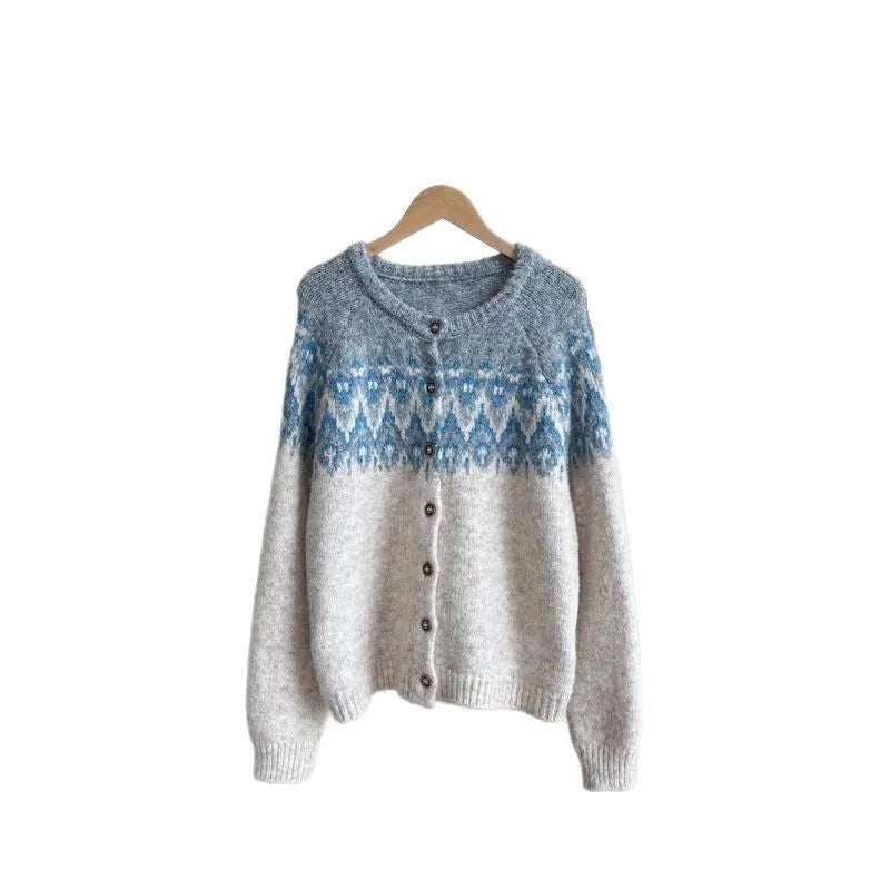 Women's loose fit jacquard sweater coat in milky white colour