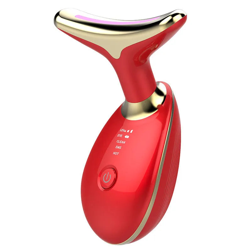 Black silver EMS thermal neck massager with LED lights on a white background.