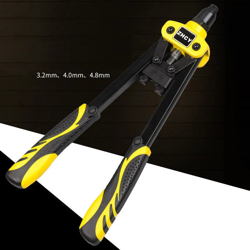 Yellow handled 13-inch manual rivet gun for household use with 4.8mm maximum rivet capacity.