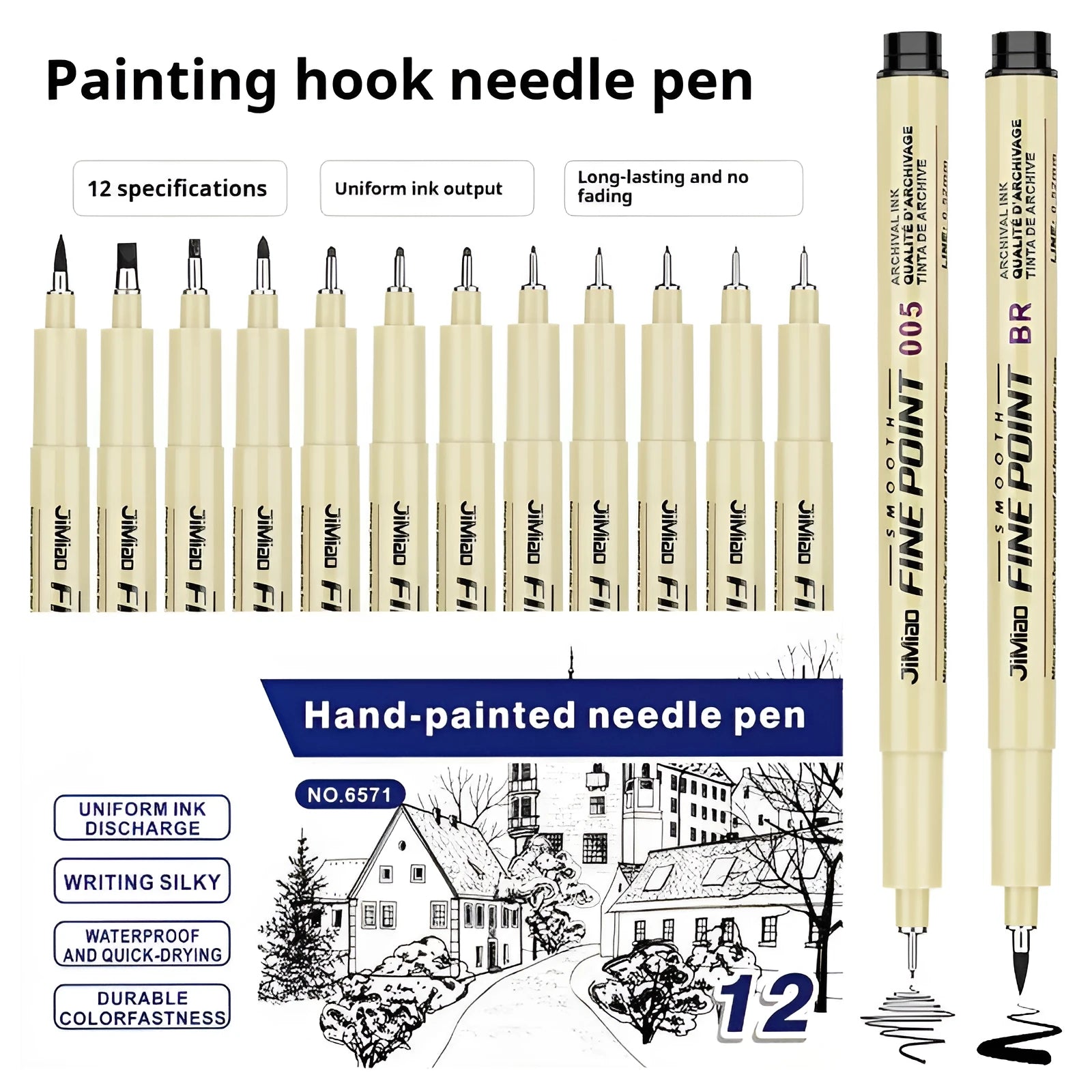 Waterproof cartoon design needle pen with black ink and 133mm plastic body for drawing.