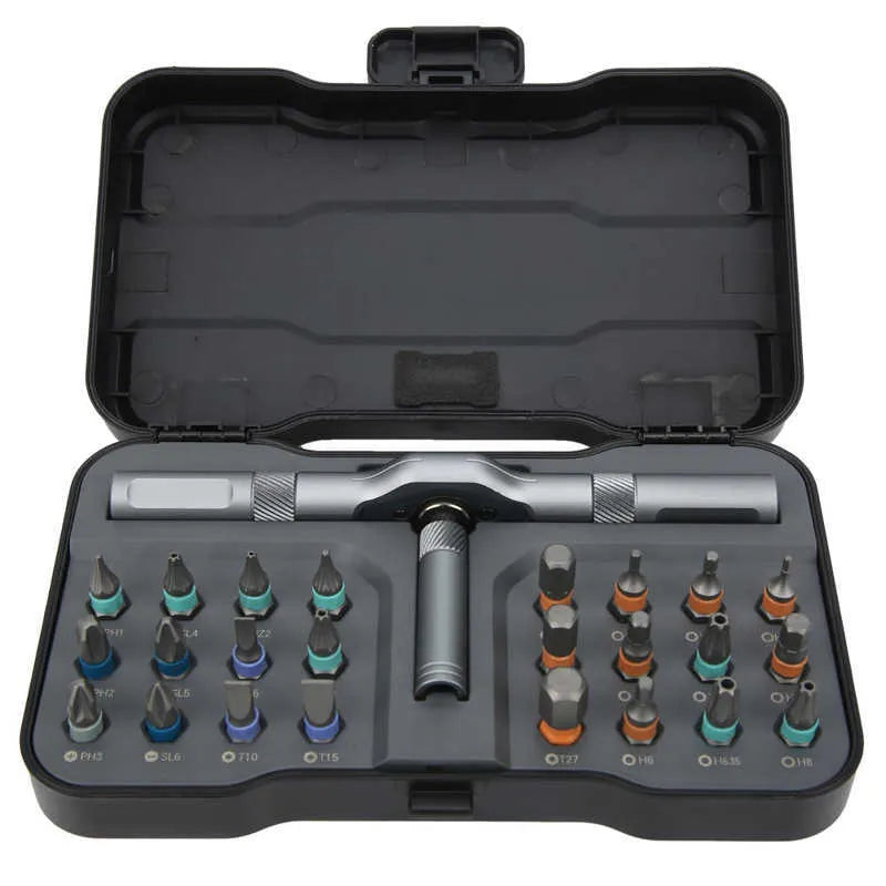 24-in-1 ratchet screwdriver set with S2 alloy steel bits, 58-tooth ratchet handle, and elastic arm locking structure on a workbench