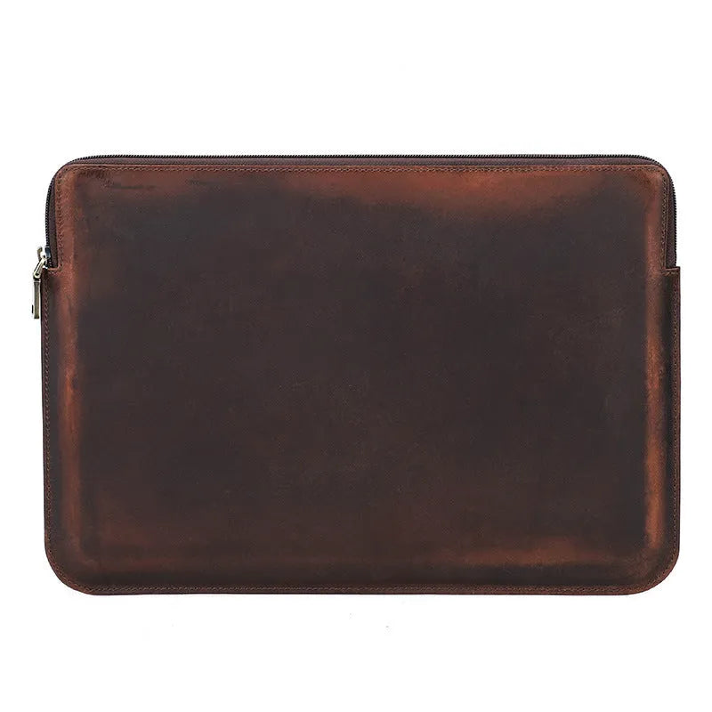 Retro Crazy Horse leather notebook zipper computer bag in coffee brown, sized for MacBook Pro 16 inch