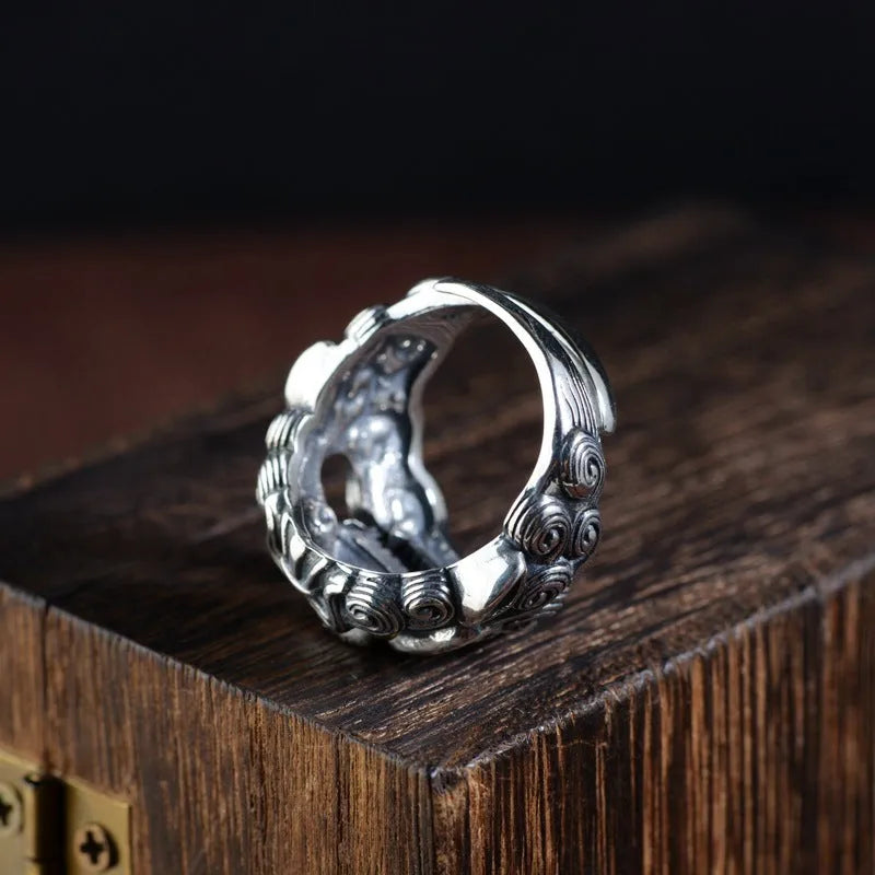 Personalised silver open ring with Jibeast pattern and diamond detailing.