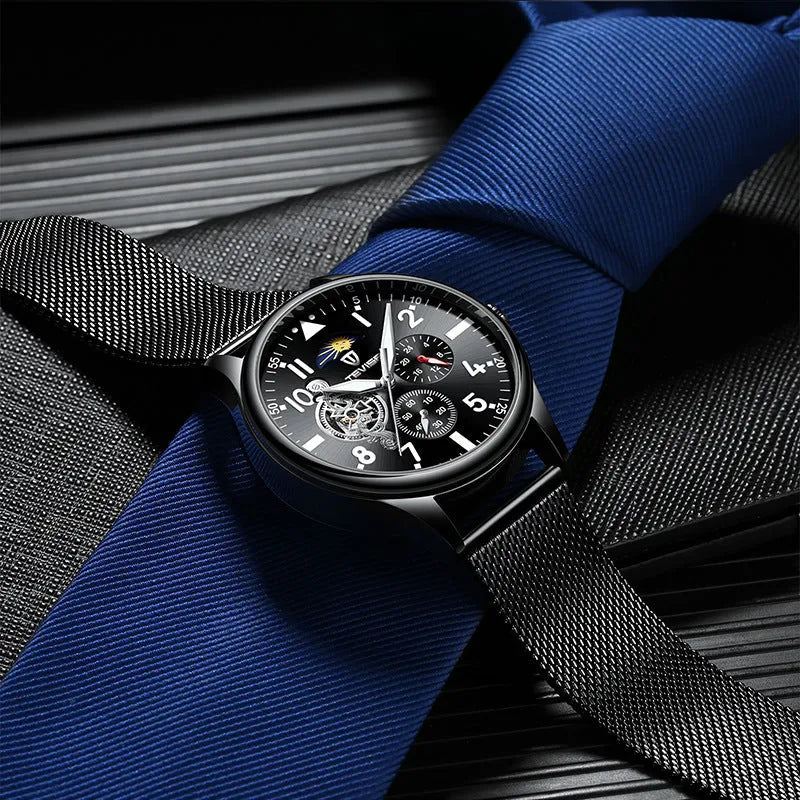 Black mechanical men's watch with 41mm alloy case, mineral glass, and luminous markers