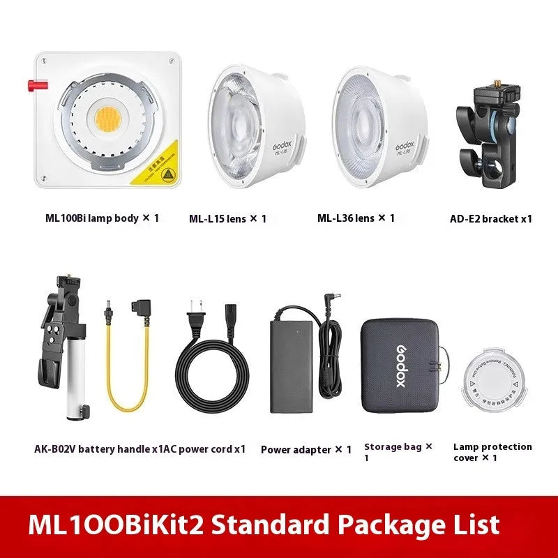 Shenniu ML100Bi photography fill light with aluminium body, two lenses, battery handle, and storage bag.