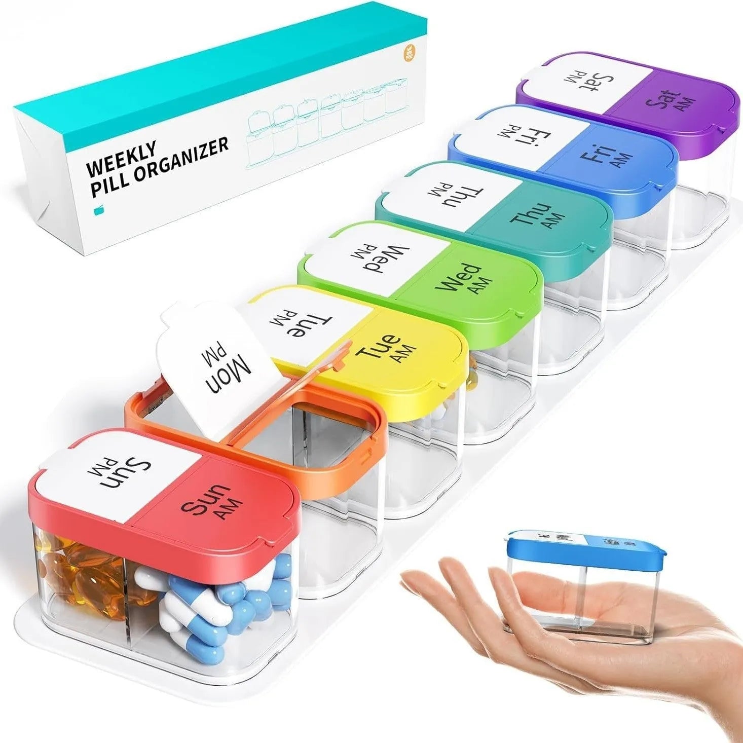 Extra large white and rainbow coloured plastic pill box with 14 removable compartments.