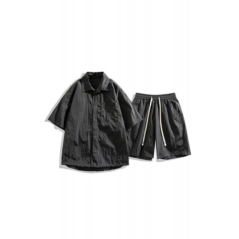 Men's loose-fitting casual shirt and shorts two-piece set in a hemp blend fabric