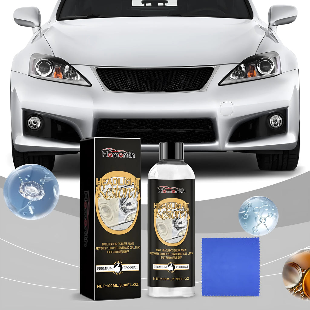 Car headlight polishing kit with 100ml bottle and microfiber towel for plastic lens restoration