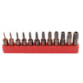 Black steel screwdriver bits T6 to T40 with hollow and solid hex heads on a magnetic strip.