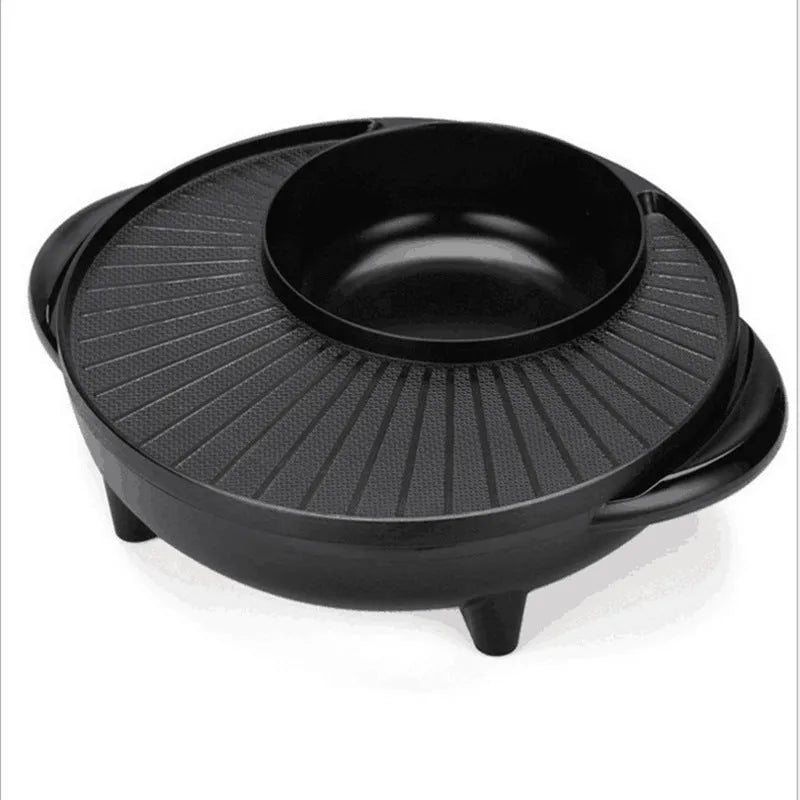 Black Korean-style shabu-shabu electric grill with aluminium alloy inner pot and wave plate baking tray