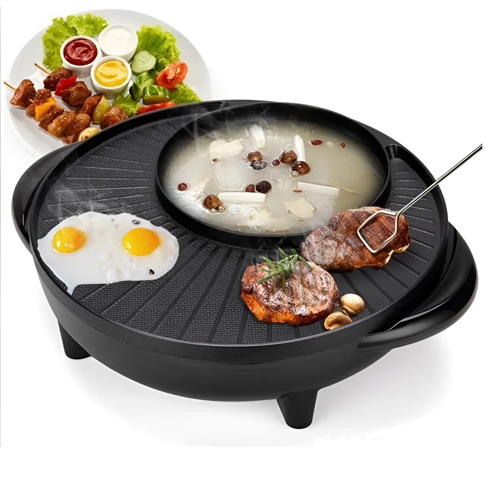 Black Korean-style shabu-shabu electric grill with aluminium alloy inner pot and wave plate baking tray